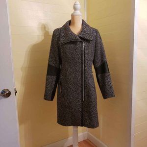 Calvin Klein Women’s Tweed Wool Coat Gray With Black Faux Leather Trim Size M